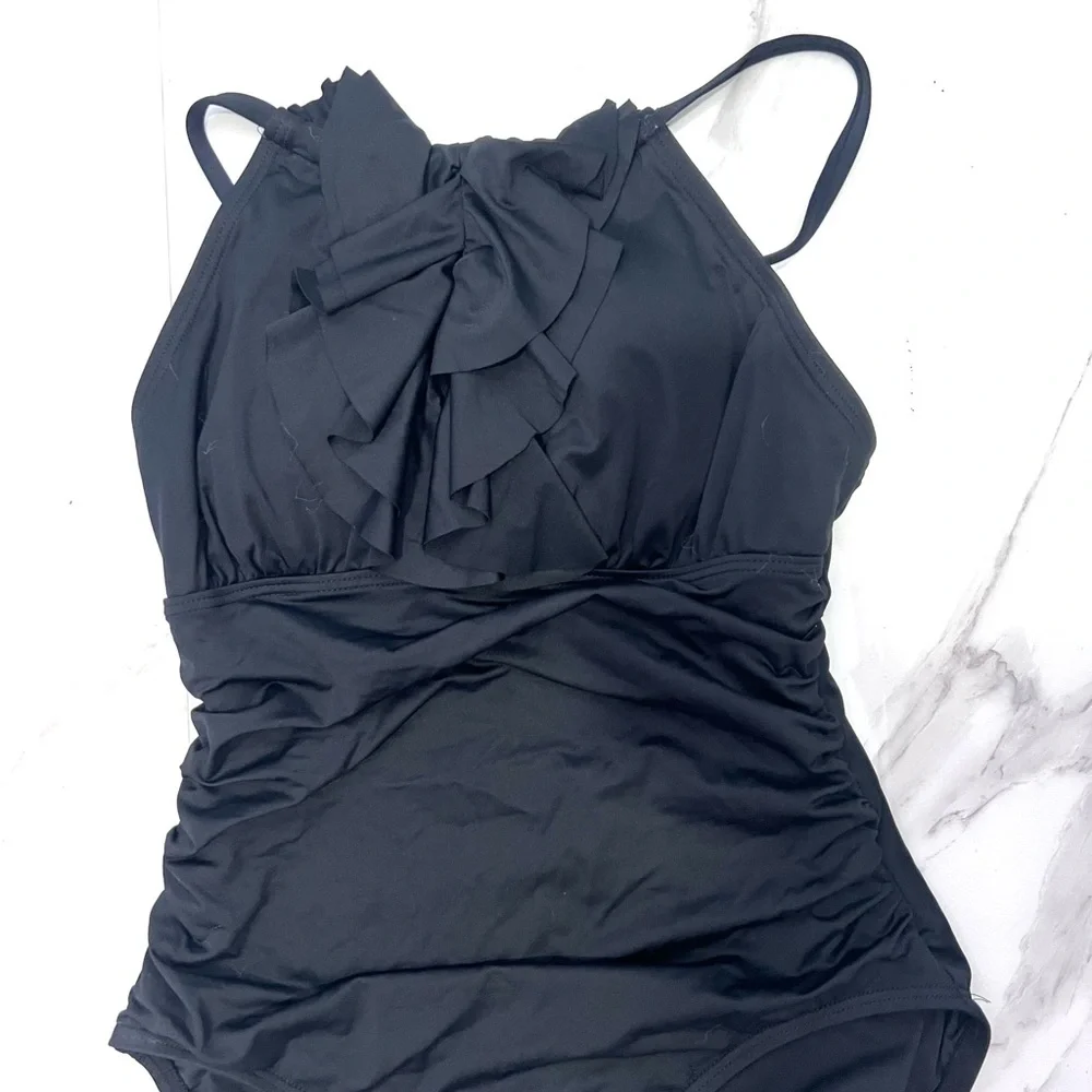 DKNY Black Classic One Piece halter‎ swimsuit ruffle front detail 6 - Picture 4 of 9